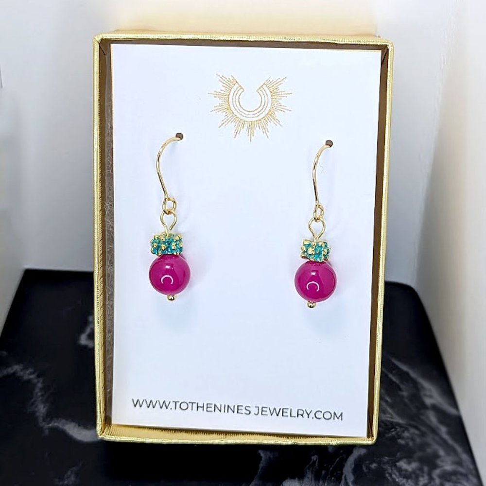 Handmade Fuchsia Magenta Quartz Bead Hypoallergenic Gemstone Drop Earrings